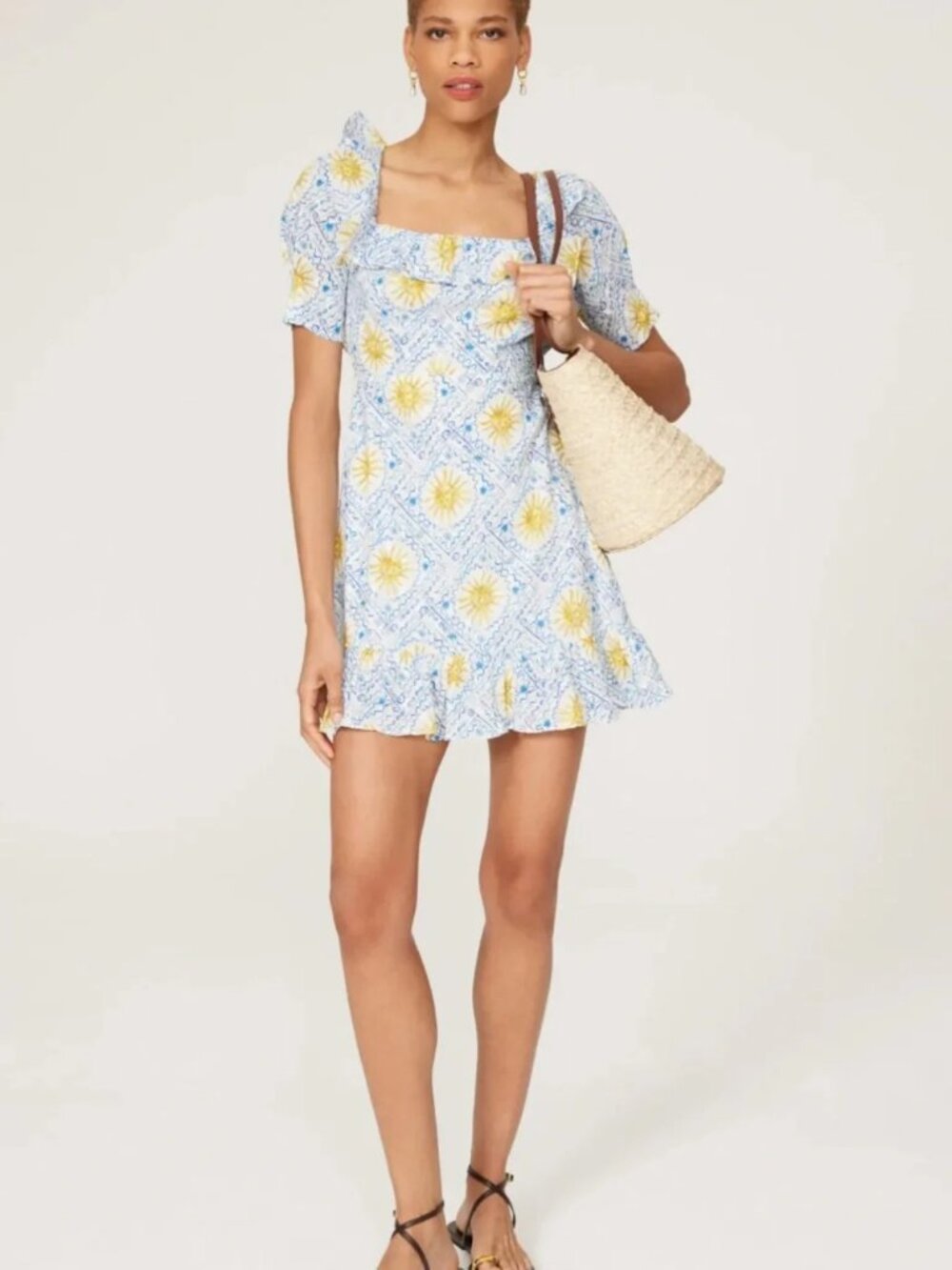 RIXO London Camile Mini Dress Cotton Celestial Star print Ruffle Open Back Sun M